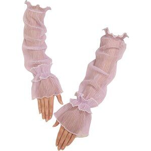 Women's Ruffle Purple Fabric Fingerless Mesh Sheer Elbow Arm Sleeves Hem Gloves